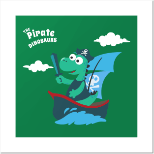 illustration of dinosaur pirate on a ship at the sea Posters and Art